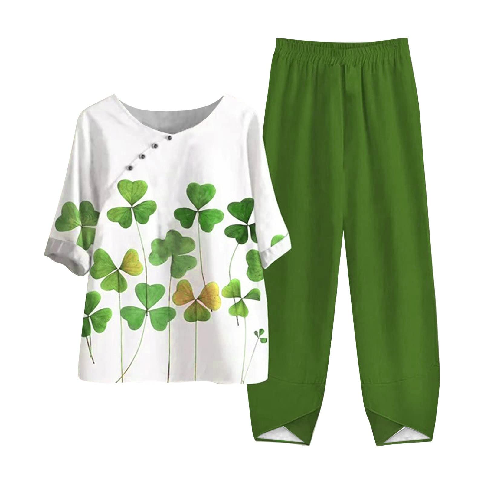 AMhomelySummer Outfits For Women Elegant Tunic Blouse Trousers Suit Vintage Floral Print Casual Sets Crewneck Button Tee Shirts Cropped Trousers Petal Bottom Loose Fit Ladies Vacation Outfits