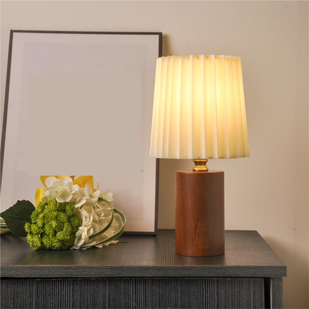 Lampada da tavolo plissettata, luce ambientale sul comodino della | Paralume plissettato, base in legno, stile nordico, luce ambientale, decorazione sul comodino