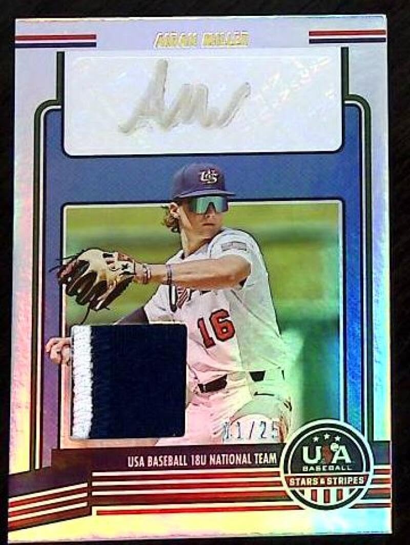 2023 Panini Stars and Stripes USA Material Signature Prime Aidan Miller RC Rookie Jersey AUTO 11/25 Baseball Trading Card