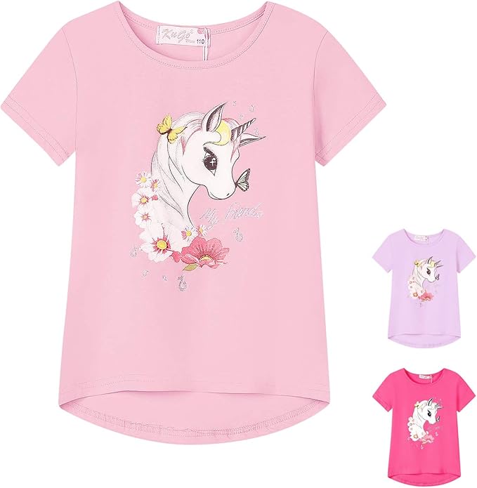 L&K-II Camiseta de niña con Estampado de Unicornio, Manga Corta, algodón Liso Estampado 5104