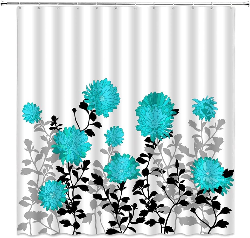 Aqua Flower Shower Curtain Dahlia Rustic Blooming Floral Spring Plant Black Leaf Chrysanthemum Shadow Art Fabric Bathroom Decor Set with Hooks(84" Wx70 H)