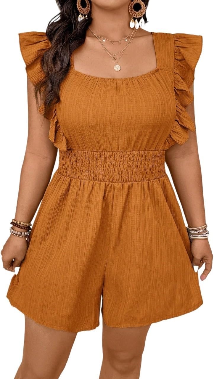 Rompers for Women Summer 2026 Plus Size Square Neck Ruffle Shirred Waist Jumpsuit