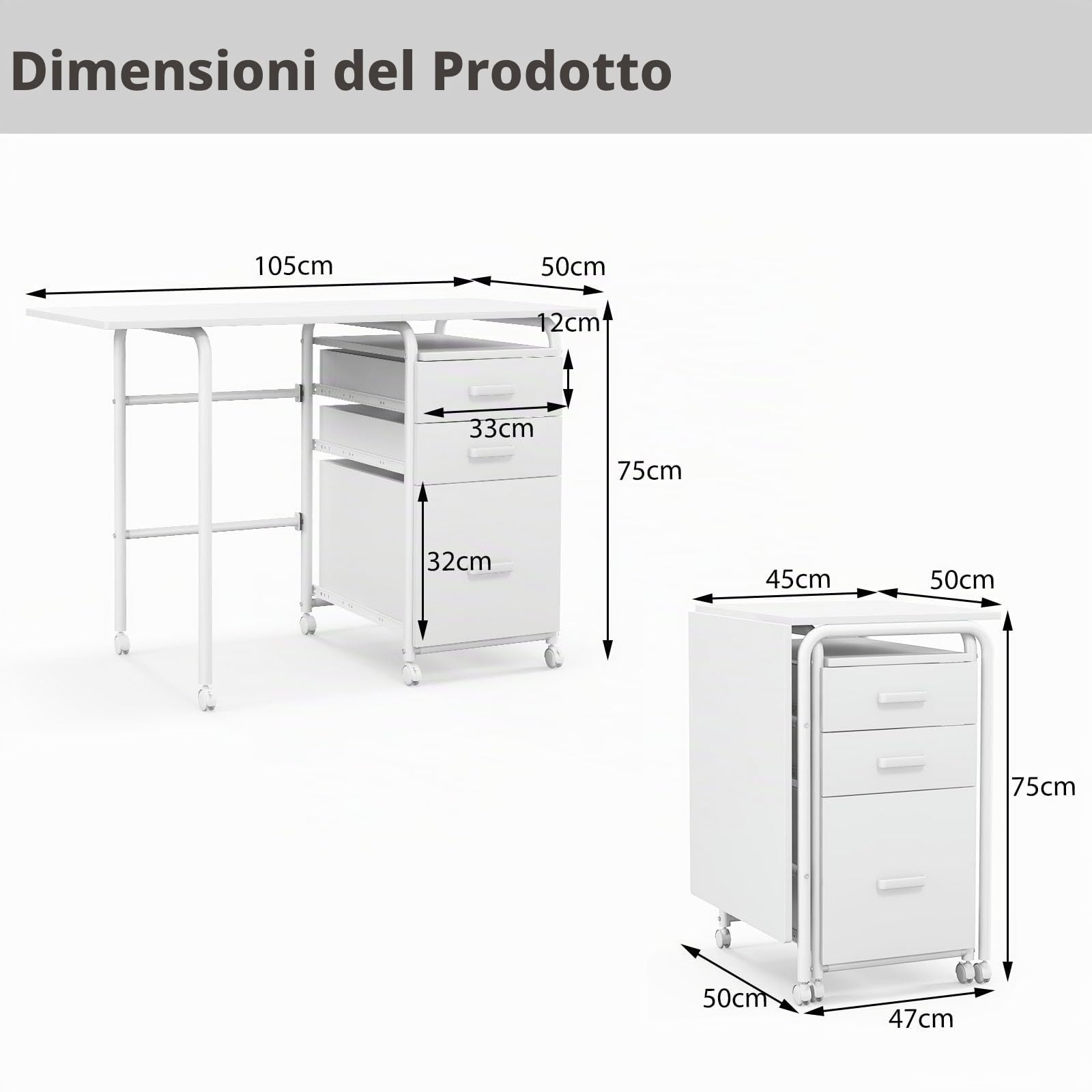 LIFEZEAL 2 in 1 Scrivania Ufficio, Scrivania Mobile Porta Computer, con 3 Cassetti, Piano Pieghevole, 6 Ruote, Salvaspazio, Tavolo, Postazione di Lavoro, Metallo+Legno, Max 100kg, 105x50x75 cm, Bianco