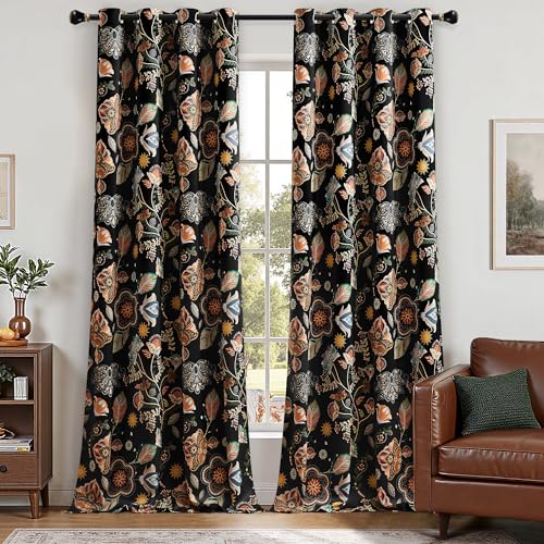 Image of XiDi Extra Long Black Floral Curtains 120 Inch Long 2 Panels Blackout 10FT