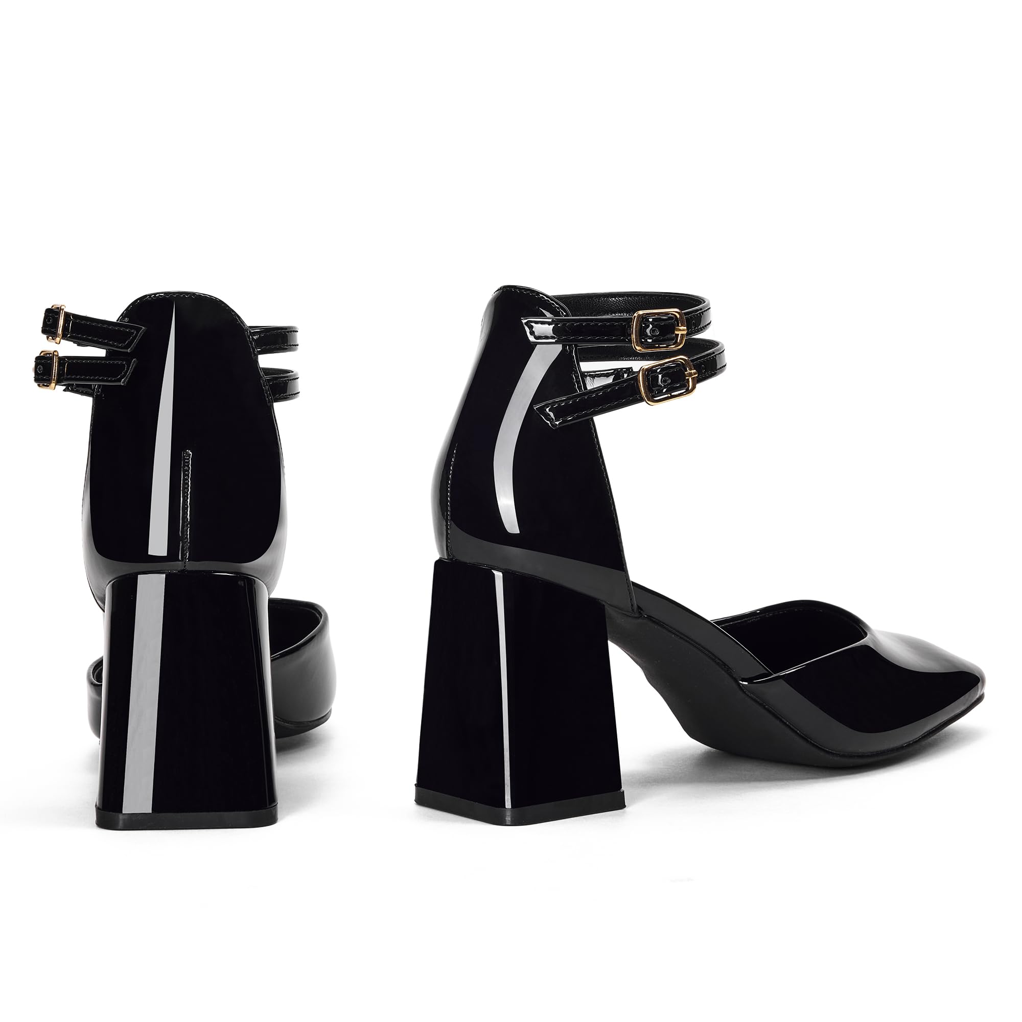 GENSHUO Zapatos de Tacón Grueso para Mujer, Doble Correa al Tobillo, Punta Cuadrada, Tacones Elegantes y Cómodos para Vestimenta Formal