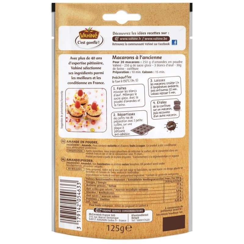 VAHINÉ - Amandes en poudre de qualité supérieure - Idéales pour la pâtisserie et les desserts gourmands - Sachet de 125g - Le Lot De 4