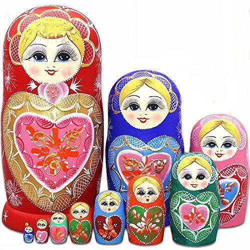 K&L King&Light 10pcs R Heart-Shaped Pattern Wooden Nesting Toys Russian Dolls Matryoshka Stacking Dolls
