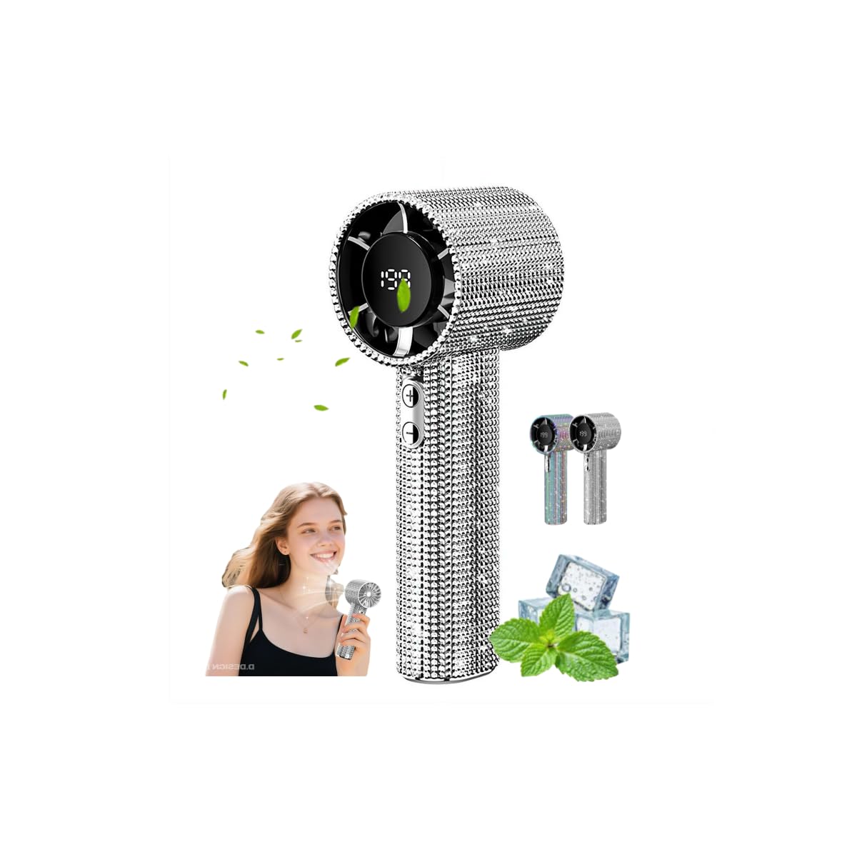 Full Diamond, ventilatore portatile portatile turbo, con strass, mini ventola di raffreddamento personale, ricaricabile con display digitale, per casa, ufficio, viaggi, attività all'aperto