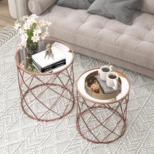 COSTWAY Round Coffee Tables Set of 2, Mirrored Top Stackable End Sofa