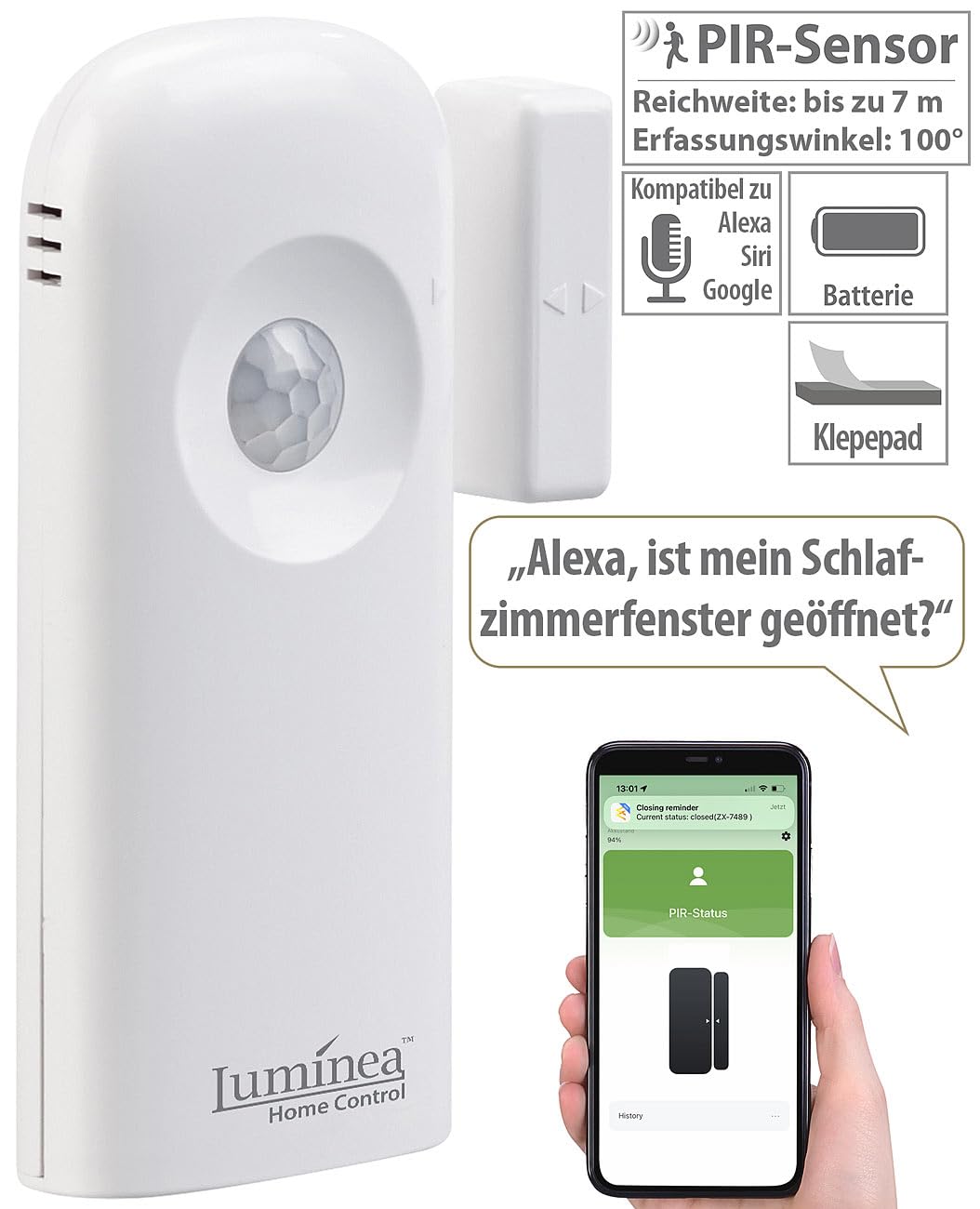 Luminea Home Control mini allarme: Set da 4 Sensori Wi-Fi 2in1 per porte/finestra e sensori PIR, App, Controllo vocale (rilevatore di movimento interno a batteria, di allarme per porte, accessori)