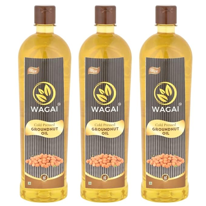 Wagai 1L + 1L + 1L Cold Pressed Peanut/Groundnut Oil (Virgin, Chekku / Ghani) - 3 Litre | Peanut Oil | Natural | Chemical-Free | Cold Pressed Groundnut Oil for Cooking