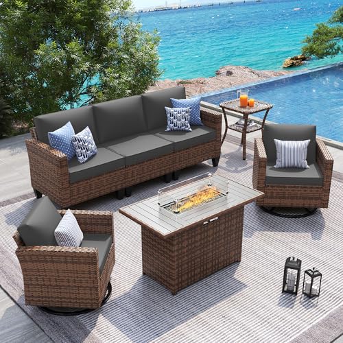 Image of UDPATIO Patio Furniture Set with Fire Pit Table, Rocking Swivel Chairs, 5 Pieces Outdoor Furniture Sets, All-Weather Wicker Outdoor Sectional Sofa with Waterproof Cover, 4'' Thickened Cushion, Grey