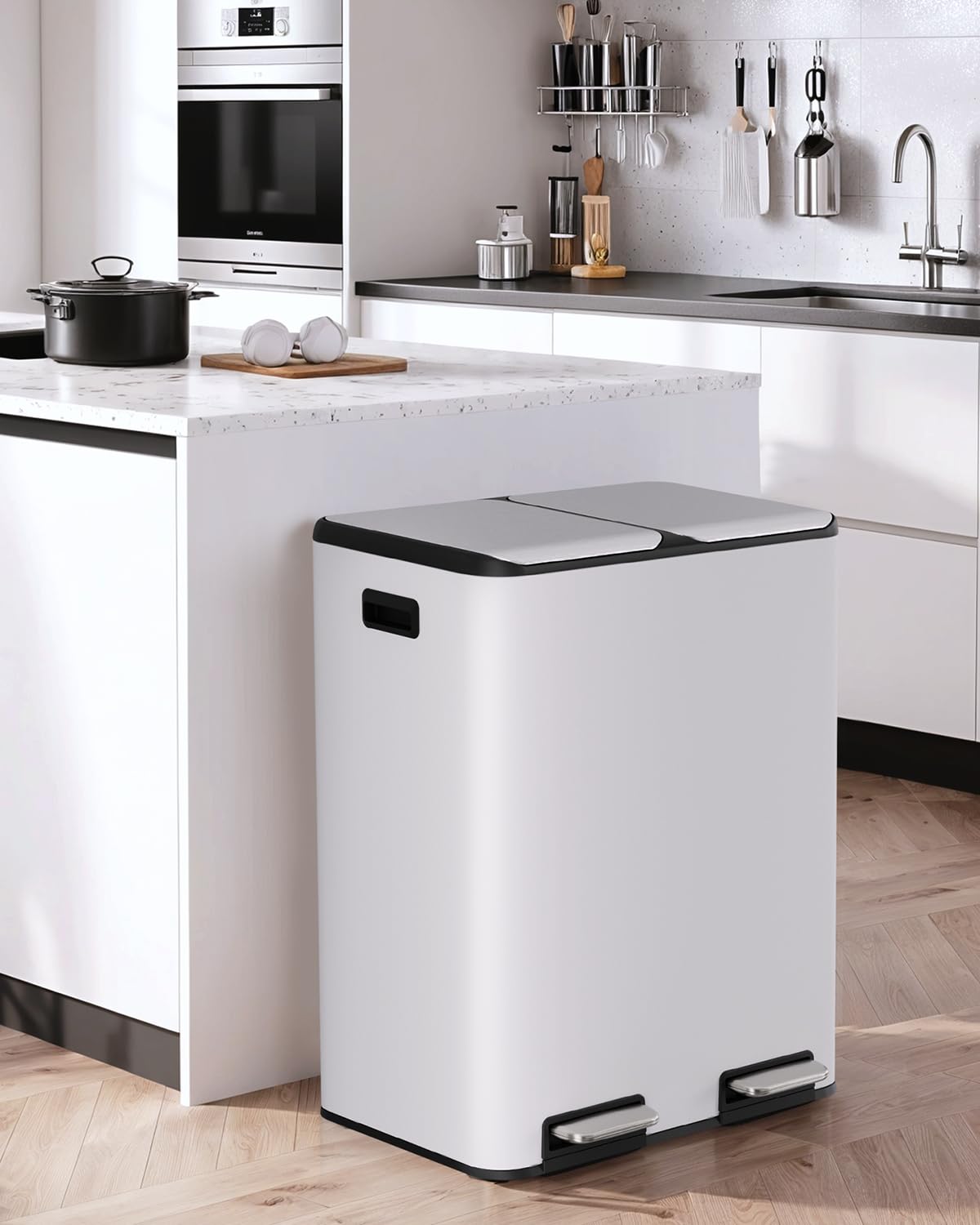 LIFERUN Mülleimer 2 Fächer, 2 x 30 Liter Treteimer mit Geruchsfilter, Deckel Geräuschlos, Inneneimer aus Kunststoff, Mülltrennsystem, Metall Doppelter Abfalleimer für Küche Büro, Weiß
