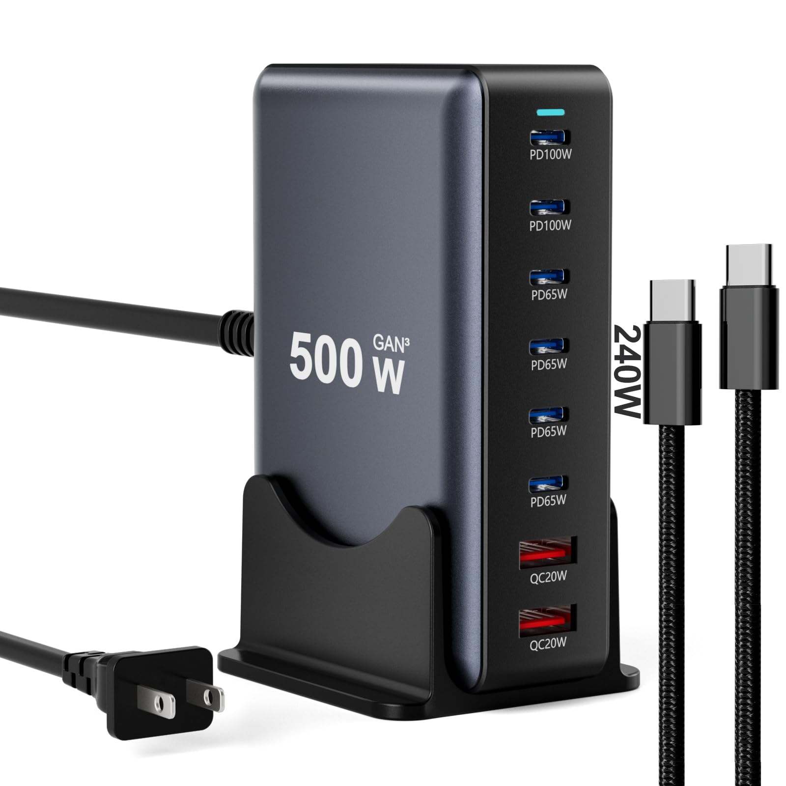 500W Fast Charging 8 Port USB C Charger Block with Nylon Fast Charging Cable Multi-Device Charging Station Wall