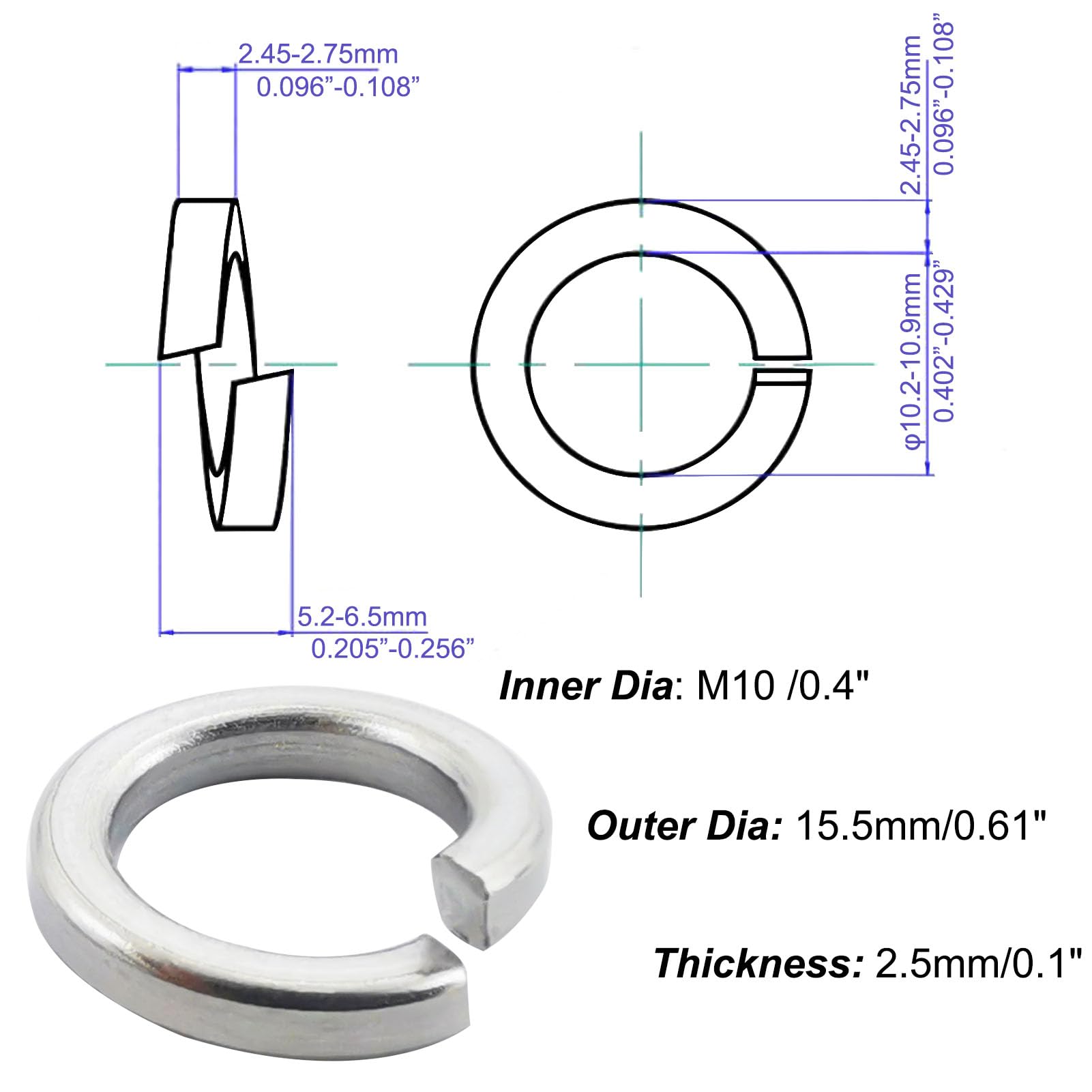 25 Pezzi Rondella a Molla M10 A2 V2A, in Acciaio Inox Serratura a Molla Piatta e Molla 10 mm, Forma B, Secondo DIN 127
