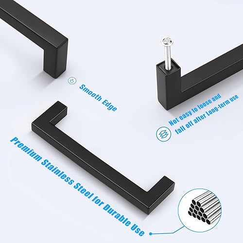 Miniatura 5 de KNOBWELL Paquete de 20 manijas cuadradas de gabinete de cocina de 5 pulgadas, tiradores de armario negro mate de 5.039 in, pomos de cajón de tocador