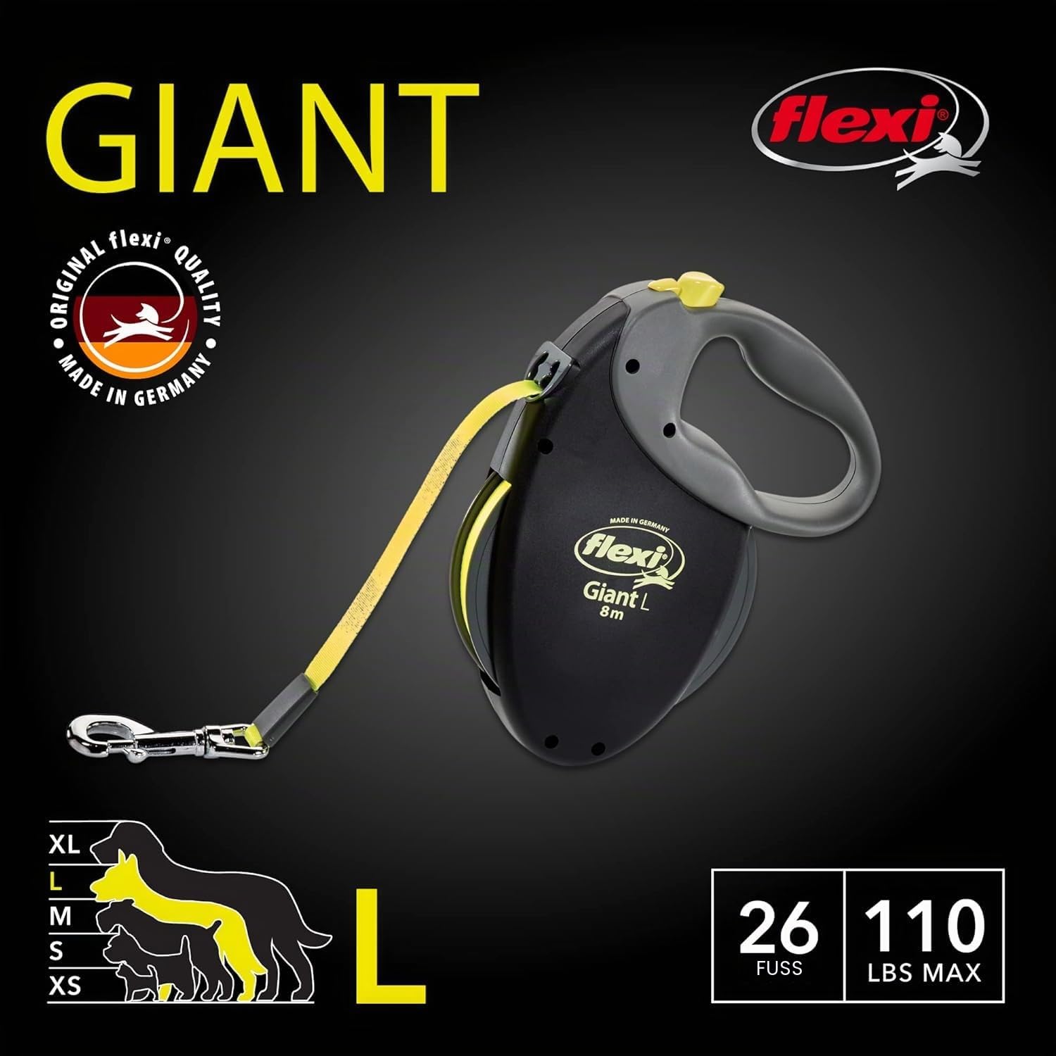 Flexi USA Giant neon einziehbare Hundeleine (Band), ergonomisch, strapazierfähig und verhedderungsfrei Haustier Laufleine für Hunde bis zu 49,9 kg, 7,9 m, groß, schwarz