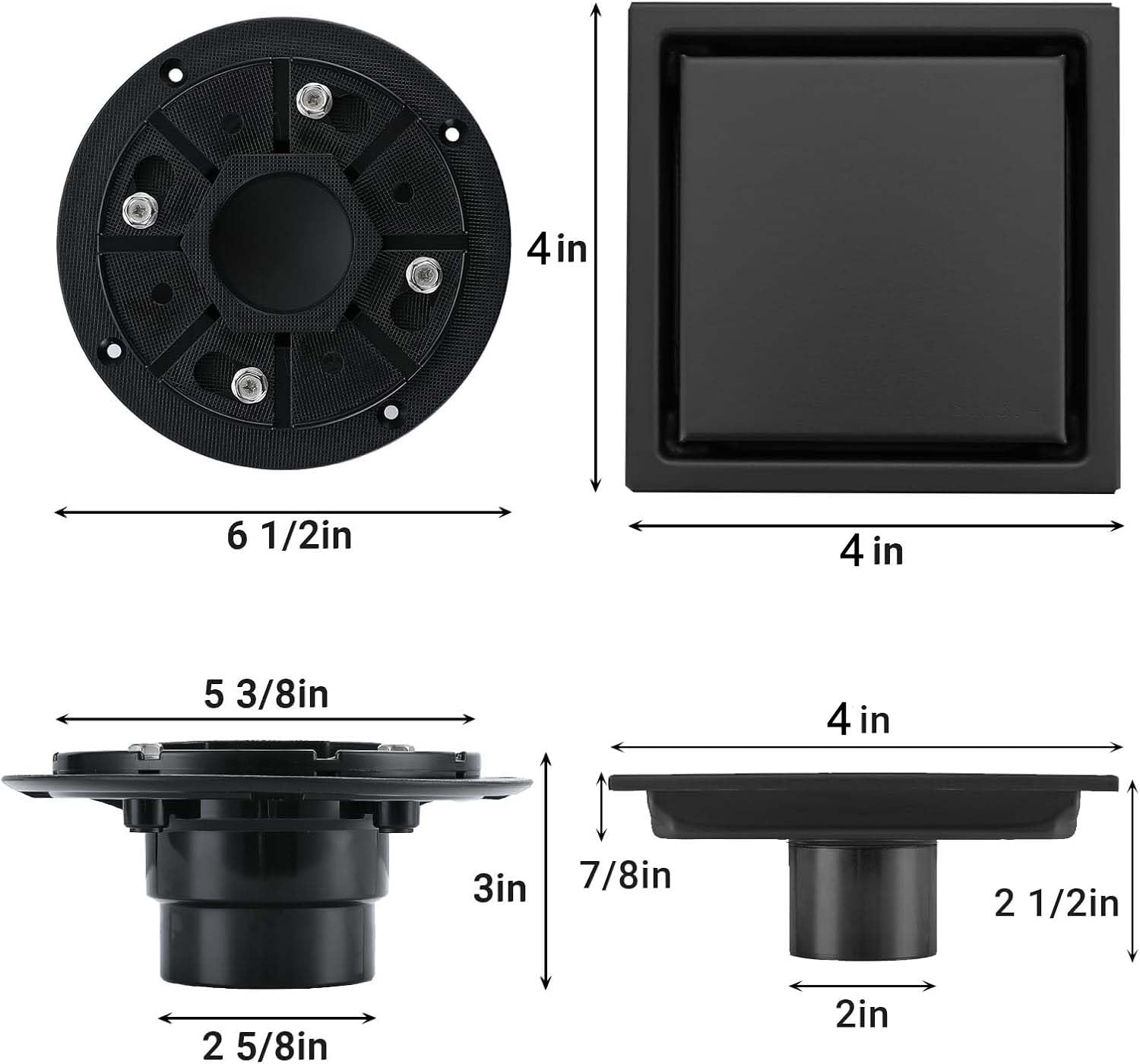 Odpływ podłogowy 10 cm, kwadratowy odpływ podłogowy ze stali nierdzewnej SUS304 z kołnierzem, odwracalna pokrywa 2 w 1, płytki do filtrowania, czarny matowy