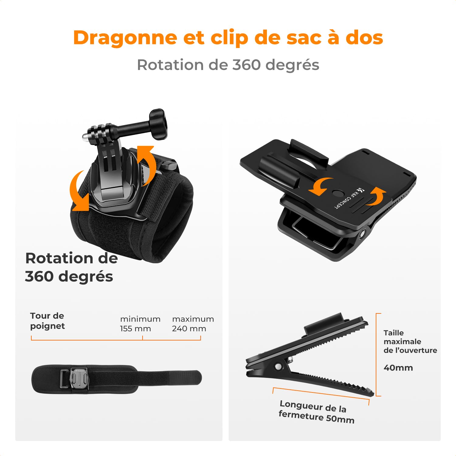 K&F CONCEPT Sangle Harnais de Poitrine et Bandeau et Dragonne et Clip de Sac et 5 Vis en T et Clip de Téléphone et 4 Dégagement Rapide et Adaptateur de 1/4" Compatible avec GoPro/DJI Aciton/Téléphone