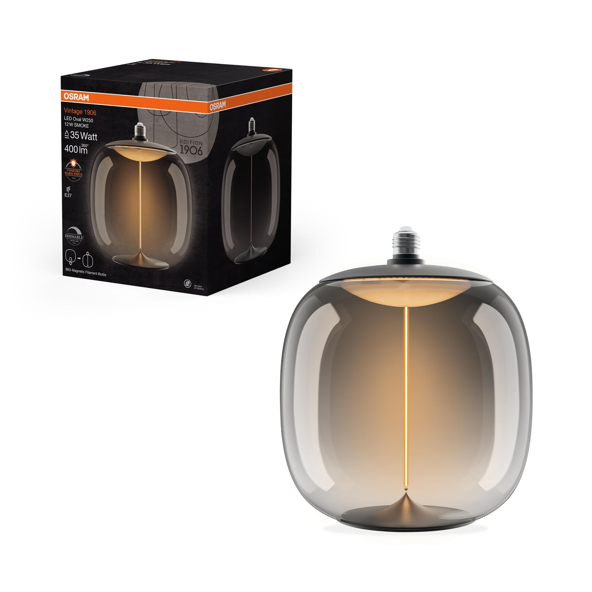 OSRAM Vintage 1906 Big Oval es una lámpara decorativa regulable fabricada en plástico con tecnología de imán de filamento LED, 12 W, 400 lm, 1800KE27, diseño ahumado, 250 mm de diámetro, CRI 80.
