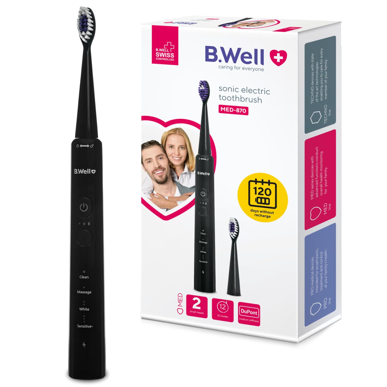 B. Well Swiss Elektrische Schallzahnbürste MED-870, Zahnbürste mit 4 Betriebsmodi, 3 Intensitätsstufen und 4 Monaten Akkulaufzeit und Timer, Inkl. 2 Bürstenköpfen mit DuPont-Premium-Borsten, Schwarz