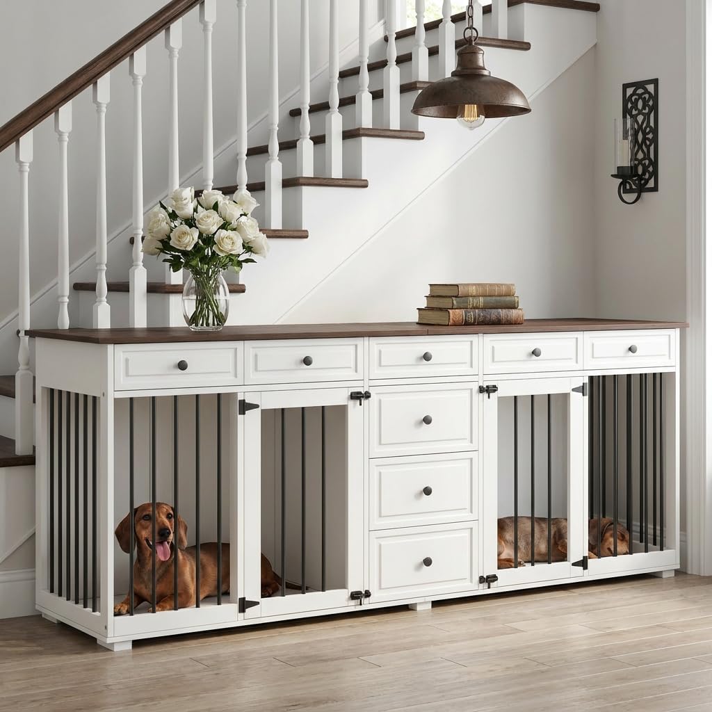 Möbel Hundekäfig TV-Schrank, Doppel-Hundebox mit 8 Schubladen 200x60x85cm