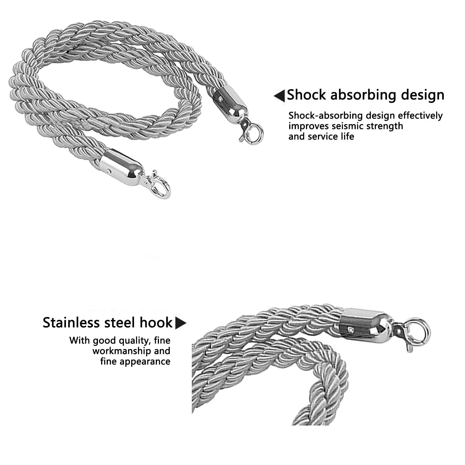 CAIFEXUE Queue Barrier Ropes with Silvery Hook,Stanchion Rope,Crowd Control Rope,Braided Hemp Rope for Queue Divider,Rope Safety Barrier 1/1.5/2M/Slivery/2M