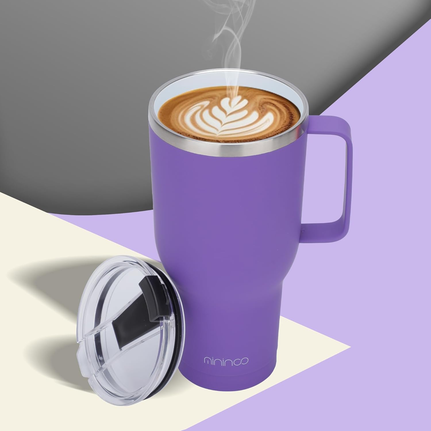 mininoo 40 oz Ceramic Lined Tumbler with Handle and Straw Lid, Stainless Steel Ceramic Travel Coffee Mug Newly Upgraded Latex Outer Layer