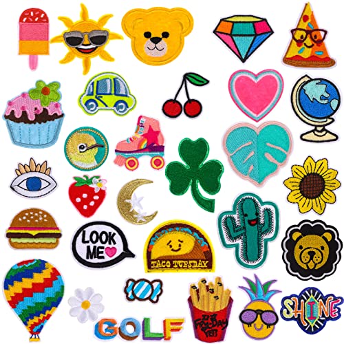30 Pcs Iron On Hippie Vintage Patches Appliques Burger Fries Fruit Embroidered Patches Sew-On Decorative Repair Patches For Backpacks Jeans Jackets And Clothes Diy Craft #TOP17