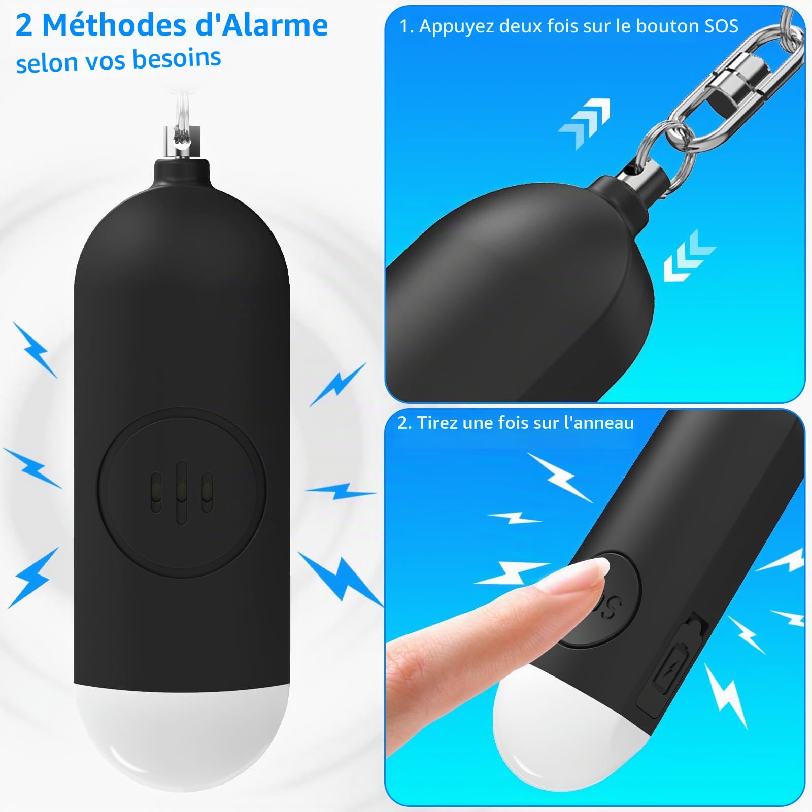 Alarme de Poche Rechargeable, Auto-défense Personnel Indispensable avec Une Sirène Anti-agression de 130 DB et Lumière LED, pour Femmes, Enfants et Personnes agées