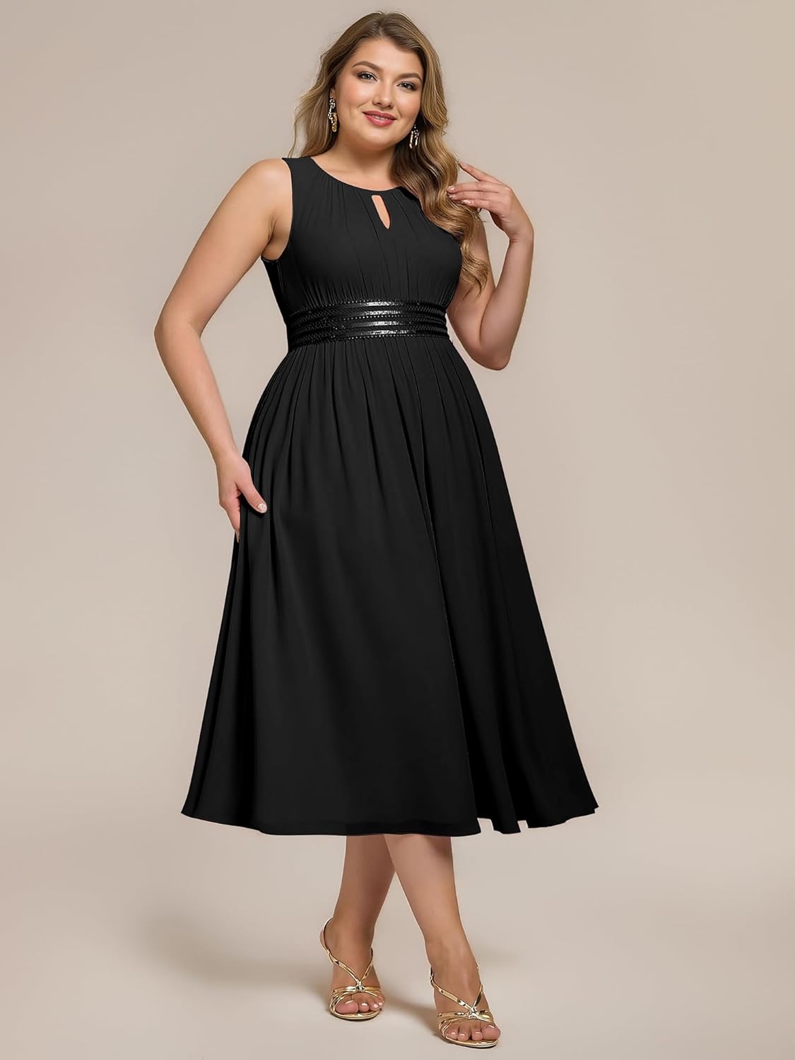 Ever-Pretty Plus Women's Wedding Guest Dress Elegant Sleeveless Chiffon Midi Plus Size Semi Formal Dresses for Curvy Women - Image 4