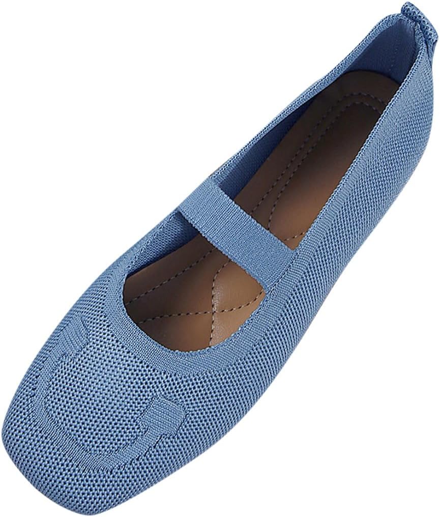 Womens Mary Jane Flats Shoes Square Toe Casual Ballet Flats Comfortable Knit Dress Shoes for Women Work Office