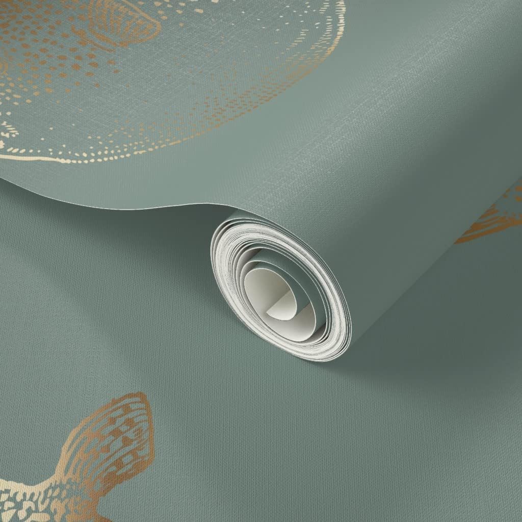 Peel & Stick Wallpaper Swatch - Gold Fish Blowfish Green Blue Pufferfish Custom Removable Wallpaper by Spoonflower