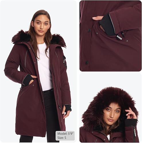 Miniatura 5 de ALPINE NORTH Laurentian - Chaqueta larga de plumón vegano para mujer con capucha de piel sintética Uva,Azul marino,Topo,Negro,Oliva