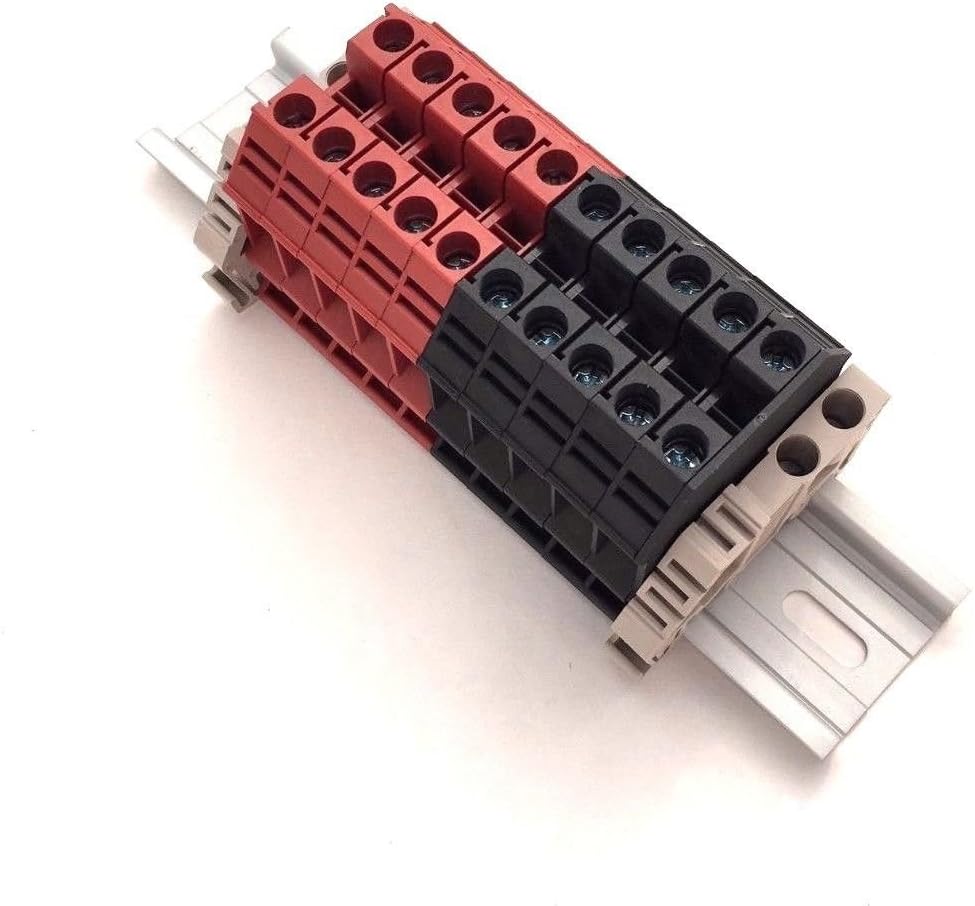 Dinkle Assembly DK6N Red/Black 10 Gang Box Connector DIN Rail Terminal Blocks, 8-20 AWG, 50 Amp, 600 Volt Separate Circuits