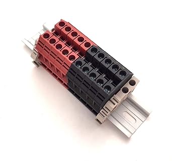 Dinkle Assembly DK6N Red/Black 10 Gang Box Connector DIN Rail Terminal Blocks, 8-20 AWG, 50 Amp, 600 Volt Separate Circuits