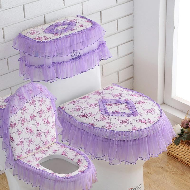 Toilet lid cover 3pcs Set Toilet Lid Cover Lace Flower & Tank Covers Seat Cushion Pads(Large Flower)