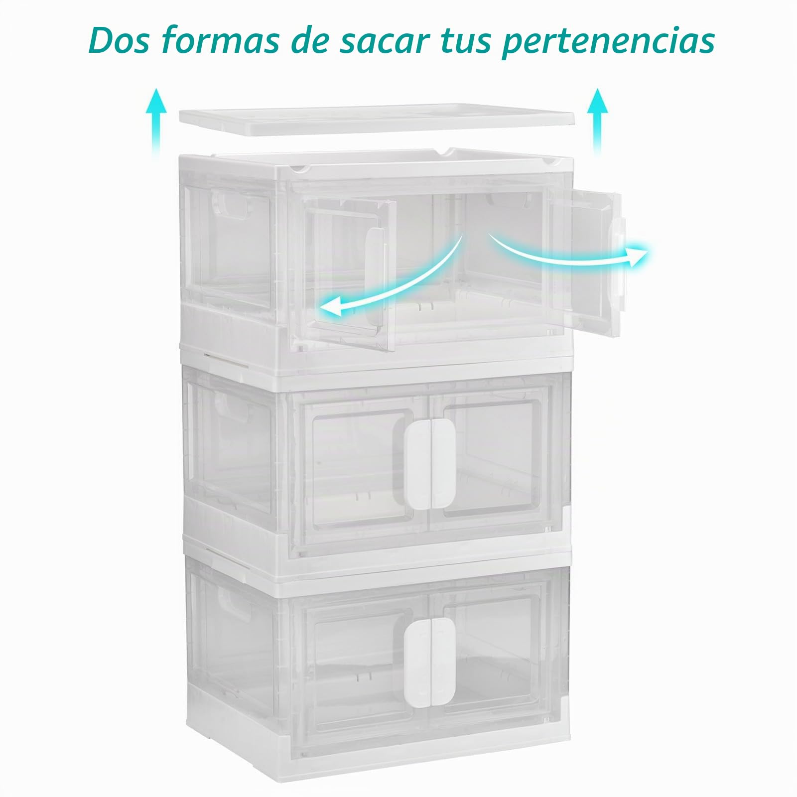 Caja de Almacenamiento de Plástico Plegable Caja Almacenaje con Tapa Juego de 3 Transparente Cajas Organizadoras Plastico Apilables para Aormitorio, Armario, Cocina (Transparente)