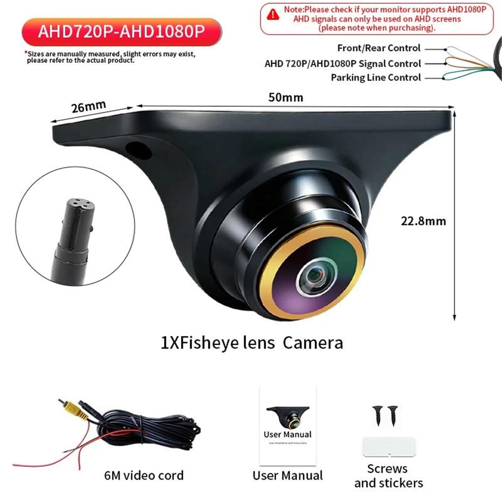 Cámara Trasera Coche Cámara Visión Trasera Coche HD AHD 170° Nocturna Universal Ojo Pez Resistente Al Agua Cuerpo Metal Respaldo Marcha Atrás(017F-CVBS-AHD1080P)