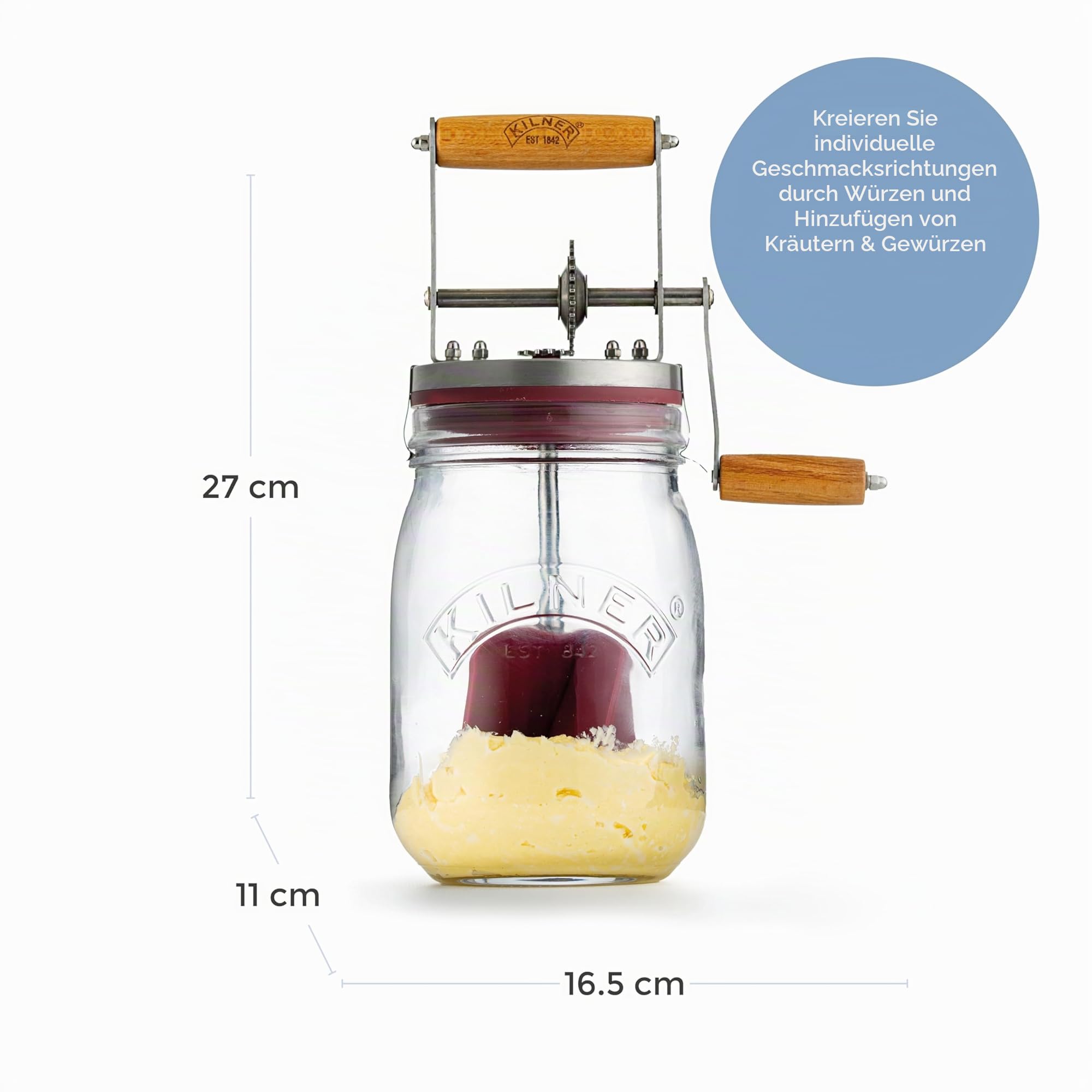 Kilner Butterfass Glas mit Handkurbel, leckere Butter selber machen in nur 10 Minuten, mit Silikonrührer, 1L, inkl. Anleitung und Rezepten, auch für Kräuterbutter, Knoblauchbutter usw., 27 cm hoch