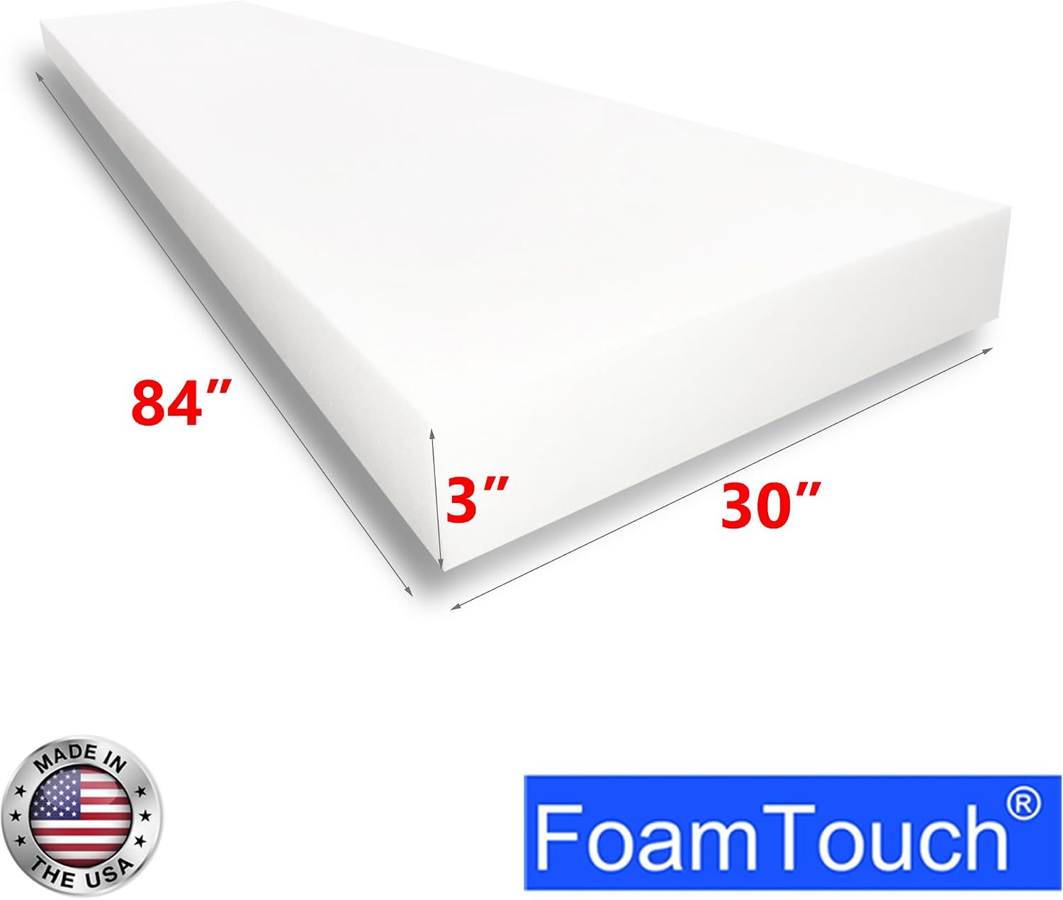 FoamTouch High Density Upholstery Foam (3" x 30" x 84"), 1.79LB Density-45LB ILD, Made in USA – Ideal for Couch Cusions, Chair Cushions, Bench Cushions and Varity of Upholstery Projects