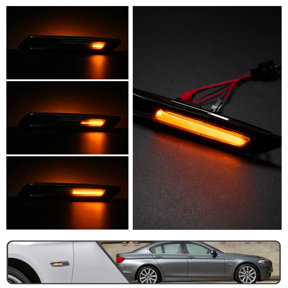 Mingrui test 2Pcs Amber F10 LED Dynamic Sequential Blink Side Marker Light for BMW 5-Series F10/F11 2011 2012 2013 Front Fender Indicator Turn Signal Lights Smoked Lens
