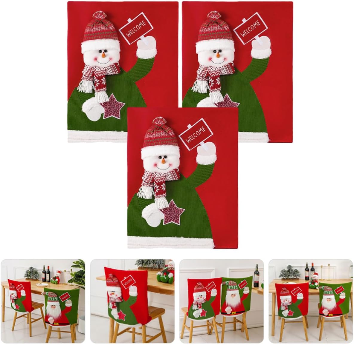 Christmas Snowman Chair Cover for Dining Chairs Reusable Protective Red Short Plush Fabric Slipcover for Holiday Party and Kitchen Decorations