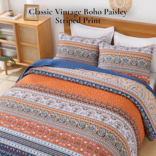 Image of Andency Blue Orange King Size Quilt Set, 3 Pieces Boho Striped Bedspread | Soft Lightweight Blue Orange Printed Bohemian Polyester Reversible Coverlet Comforter Sets for All Season (106 inchx96 inch)