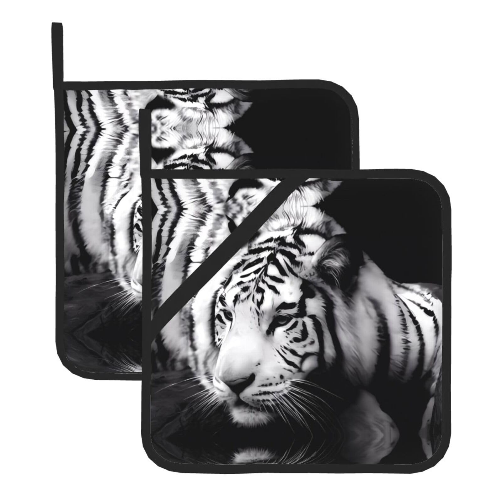 WHJSHOP Animal Tiger Prints Square Hot Pads for Kitchen - Waterproof Pot Covers with Hanging Loops - Thick Heat Resistant Trivets for Serving & BBQ, 2-Piece Set