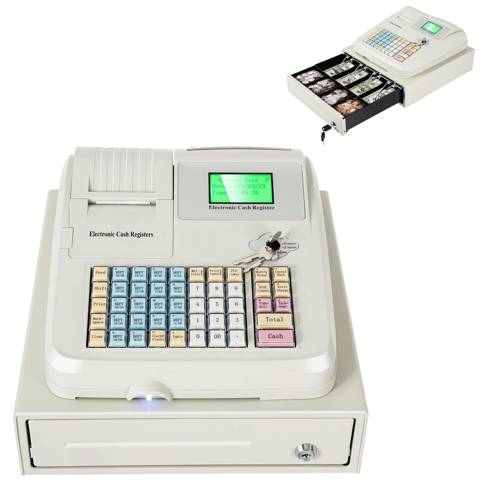 Caisse Enregistreuse Professionnelle, 48 Touches avec Tiroir, Clavier Plat Et Imprimante Thermique, Quatre Fentes pour Pièces Et Quatre Fentes pour Billets, Registre for Détaillant, Supermarché