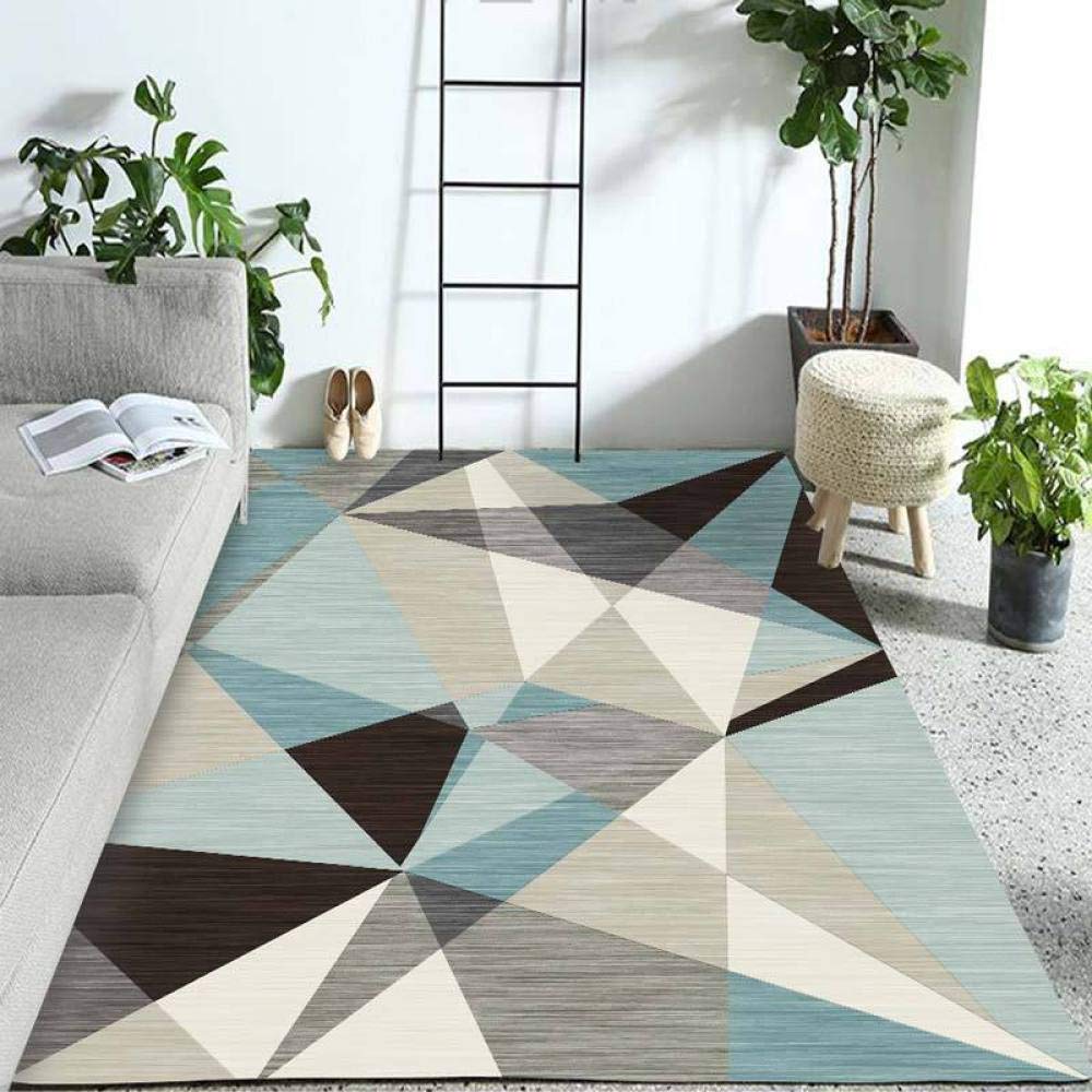 Tapis géométrique 160x280cm bleu ciel jaune et marron pour salon