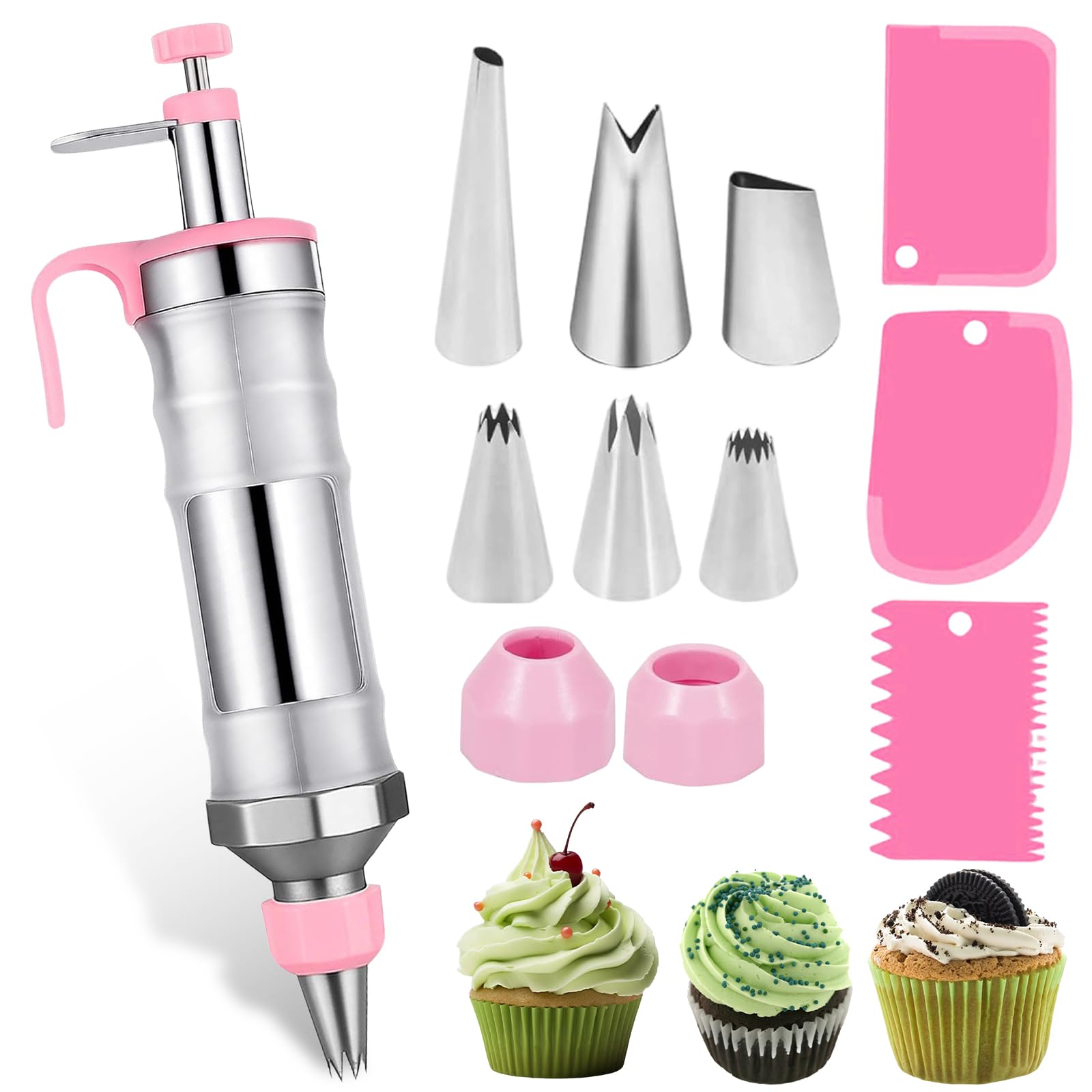 Seringue à gâteau en acier inoxydable avec 6 douilles, seringue à crème professionnelle, réutilisable, accessoire de pâtisserie pour décoration de gâteaux, beignets, cupcakes, pâtisseries (rose)