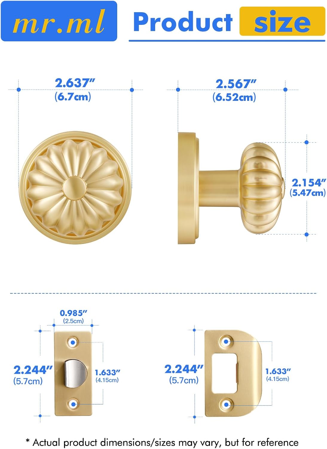 Gold Passage Door Knob, Interior Hall Closet Light Gold Door Knob Without Lock, Kitchen Pantry Laundry Room Brushed Gold Door Knobs, Aluminium Alloy Knob, 2 Pack