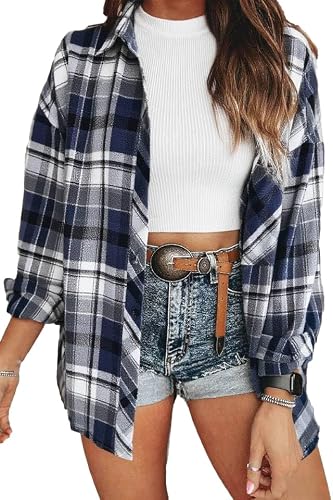 KevaMolly Plaid Long Sleeve Flannel Shirts for Women Loose Fit Boyfriend Button Down Shirt Casual Flannel Blouse Tops Navy Stripe Plaid XL